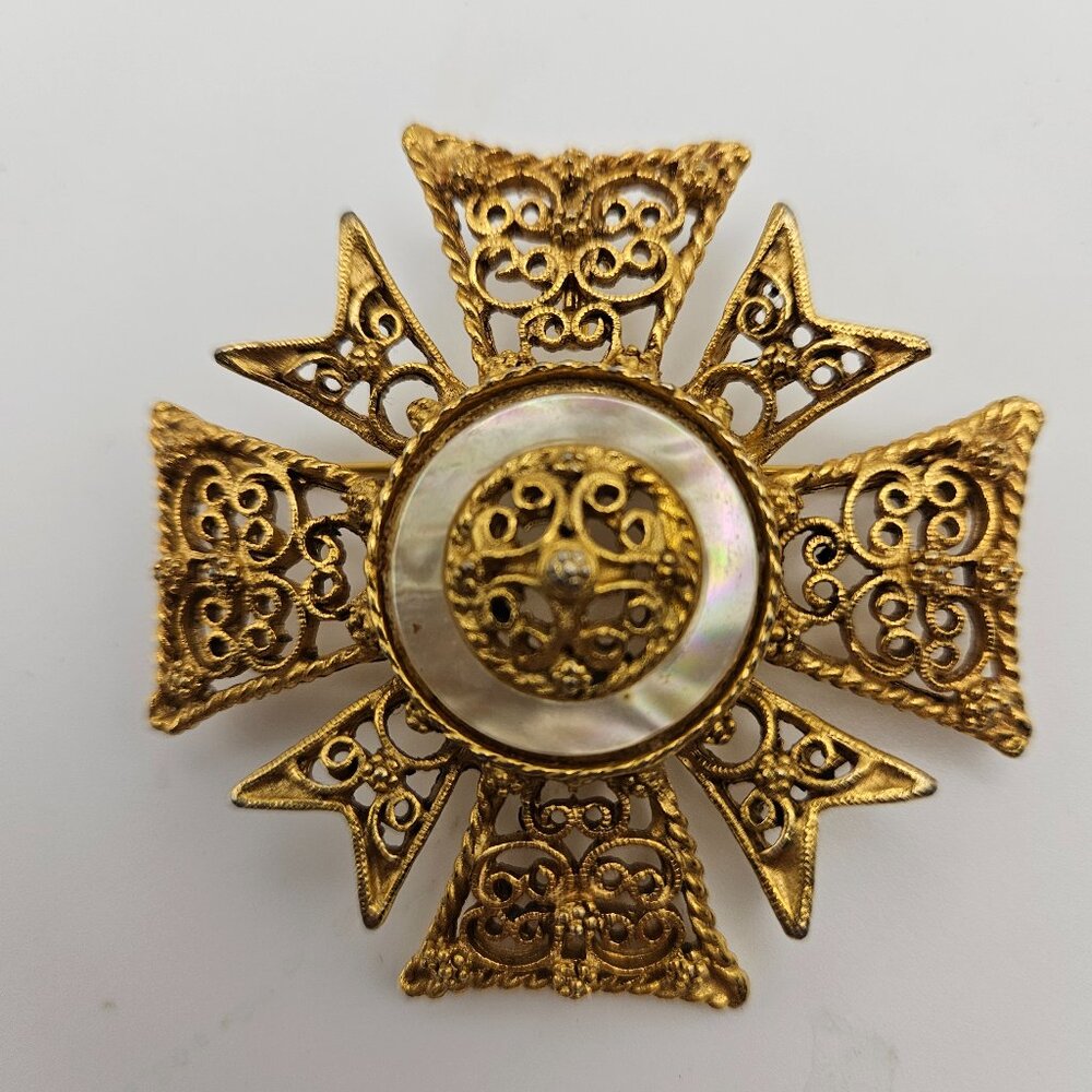 Vintage Filigree Maltese Cross Brooch – Gold Tone & Mother of Pearl – 2”